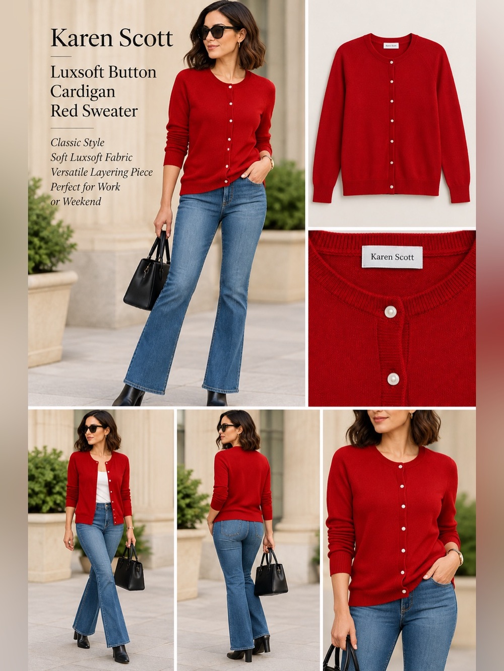1296 Karen Scott Women's Luxsoft Button Cardigan Red Sweater